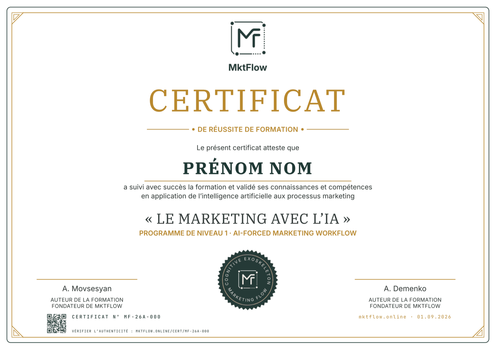 Exemple de certificat MktFlow de fin de formation Marketing avec l’IA